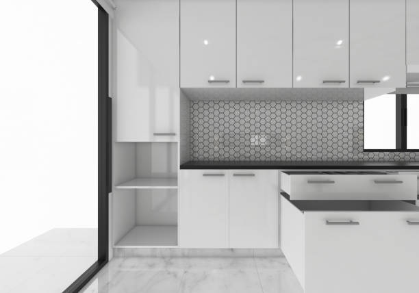 istock open cabinets kitchen ideas, 3D rendering mock-up concept design illustration 696707378