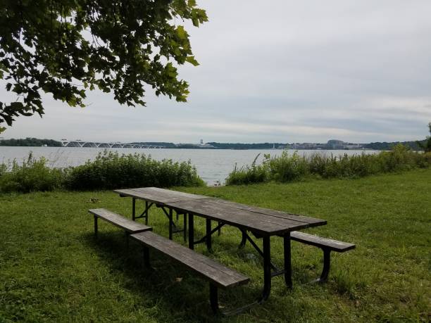 istock wood picnic table with Potomac river, Wilson bridge, and National Harbor 696712362