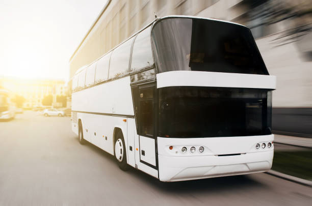 istock Modern tourist bus on asphalt in the evening on sunset. 696715826