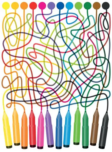 Vector illustration of Labyrinth - connect the colored dots with the felt tip pens the, find the right way of the tangled colorful lines to the markers. But take note, the colors of the lines are changing.