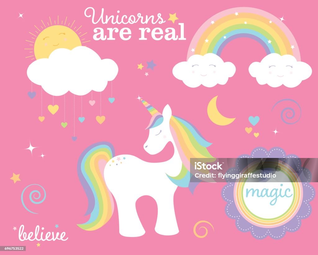 Unicorn Set A vector illustration of a unicorn, rainbow, raincloud and other elements. Objects are grouped and layered for easy editing. Unicorn stock vector