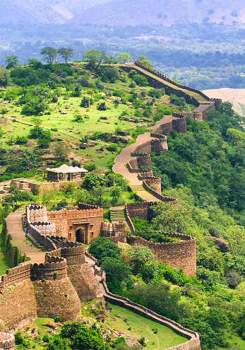 The massive walls and the gate of Kumbhalgarh Fort, India