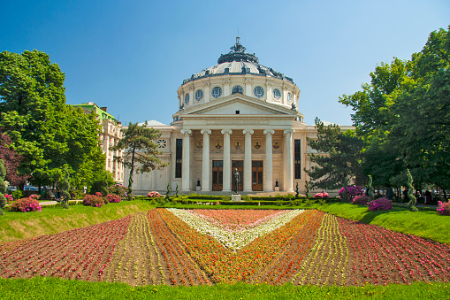 Romanian athenaeum, the famouns landmark of the central bucharest, the country's main concert hall and the home of philharmonic and of annual international music festival. Bucharest, Romania