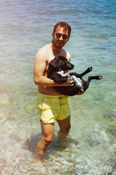 istock Man playing with his dog on the beach 696764360