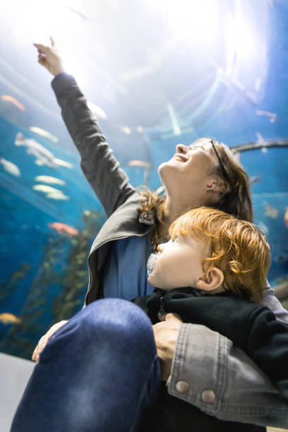 istock Mother and Son Looking at fish in Aquarium 696783884