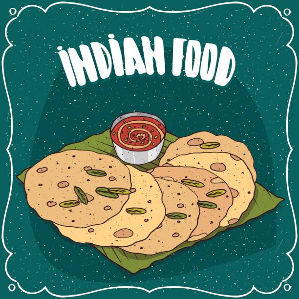 Indian flatbread with sauce like chutney Traditional food, dish of Indian cuisine, round flatbread, known as Roti, Chapati or Paratha, lying on banana leaf plate with sauce like chutney. Hand drawn comic style plateau drawing stock illustrations
