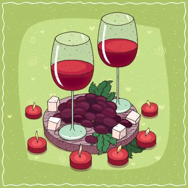 Vector illustration of Composition with red wine and grapes and cheese