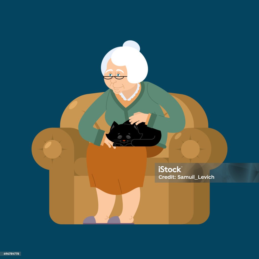 Ilustración De Abuela Y El Gato Sentado En Silla Señora De Gato De La Abuela La Abuela Y La