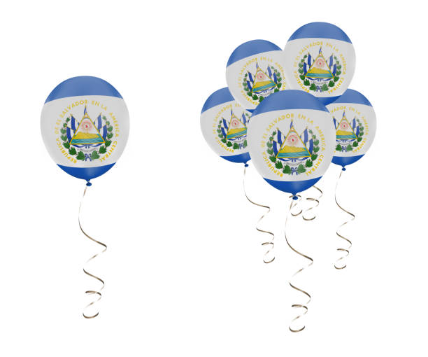 Country Flag of El Salvador on balloons with a white solid background Official National Flags imposed on 3D rendered balloons caribbean community and common market stock pictures, royalty-free photos & images