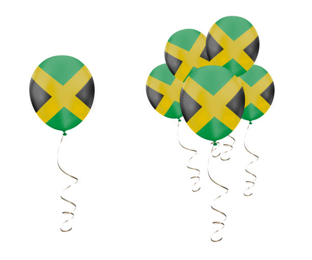 Country Flag of Jamaica on balloons with a white solid background Official National Flags imposed on 3D rendered balloons caribbean community and common market stock pictures, royalty-free photos & images