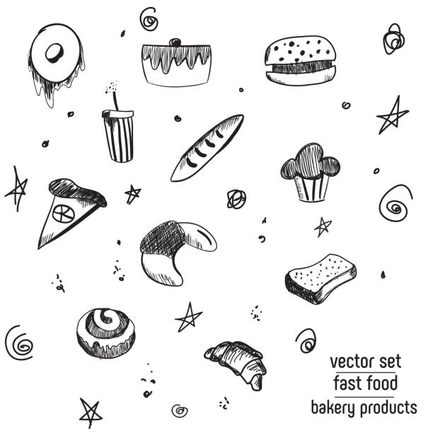 illustrazioni stock, clip art, cartoni animati e icone di tendenza di set di icone per panetteria e fast food disegnato a mano. adesivi lavagna con design in gesso. illustrazione vettoriale. ciambella, soda, pizza e hamburger, torta, cupcake, baguette e croissant per il ritaglio. - baking computer icon symbol cooking