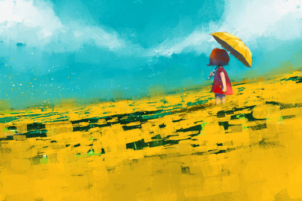 ilustrações de stock, clip art, desenhos animados e ícones de red dress girl holding yellow umbrella in yellow flower field - paintings landscape fairy tale painted image