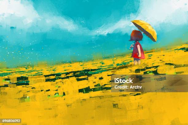 Red Dress Girl Holding Yellow Umbrella In Yellow Flower Field Stock Illustration - Download Image Now