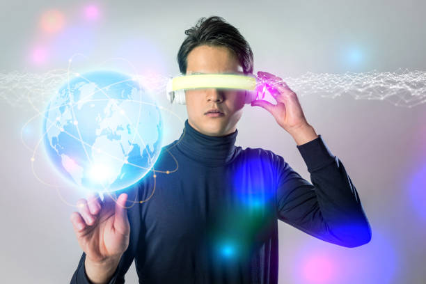 istock young man wearing heads mount display, wearable device, futuristic abstract image visual 696806840