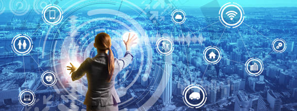 istock smart city panorama and business person controlling futuristic GUI, abstract image visual 696806888
