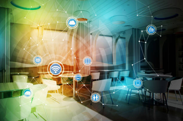 istock modern room interior and various device symbol icons, wireless communication network, Internet of Things, Smart City, Smart Grid, abstract image visual 696806988
