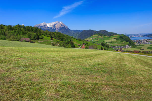 Springtime view from Mt. Stanserhorn in the Swiss canton of Nidwalden, Mt. Pilatus and Lake Lucerne in the background.
