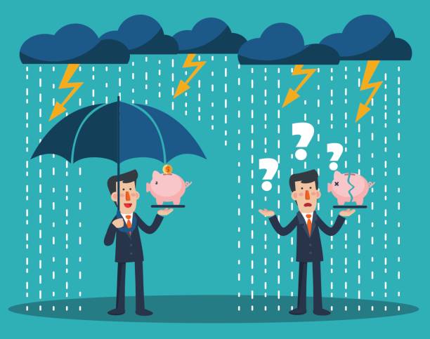 ilustrações, clipart, desenhos animados e ícones de homem de negócios com pé de guarda-chuva sob tempestade protegendo o cofrinho - security umbrella rain currency