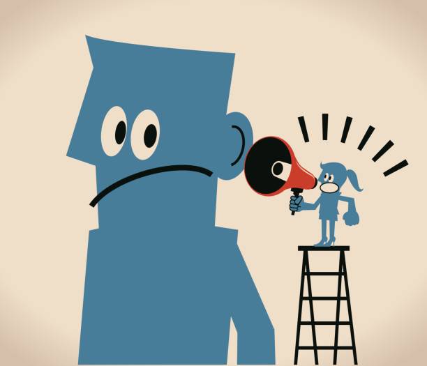 illustrazioni stock, clip art, cartoni animati e icone di tendenza di comunicazioni tra uomo e donna, imprenditrice in scaletta con megafono (bullhorn) che parla (parlando, rimproverando) a un uomo - complaining megaphone speech businesswoman