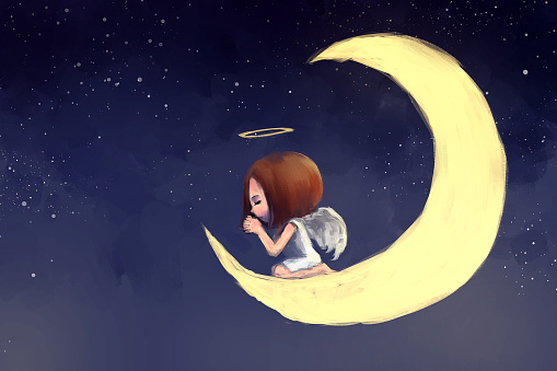 digital painting of angel girl kneeling and praying on the moon, acrylic on canvas texture