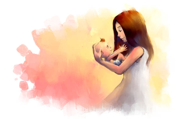 ilustrações de stock, clip art, desenhos animados e ícones de digital painting of young mother holding little baby - mulher bebé