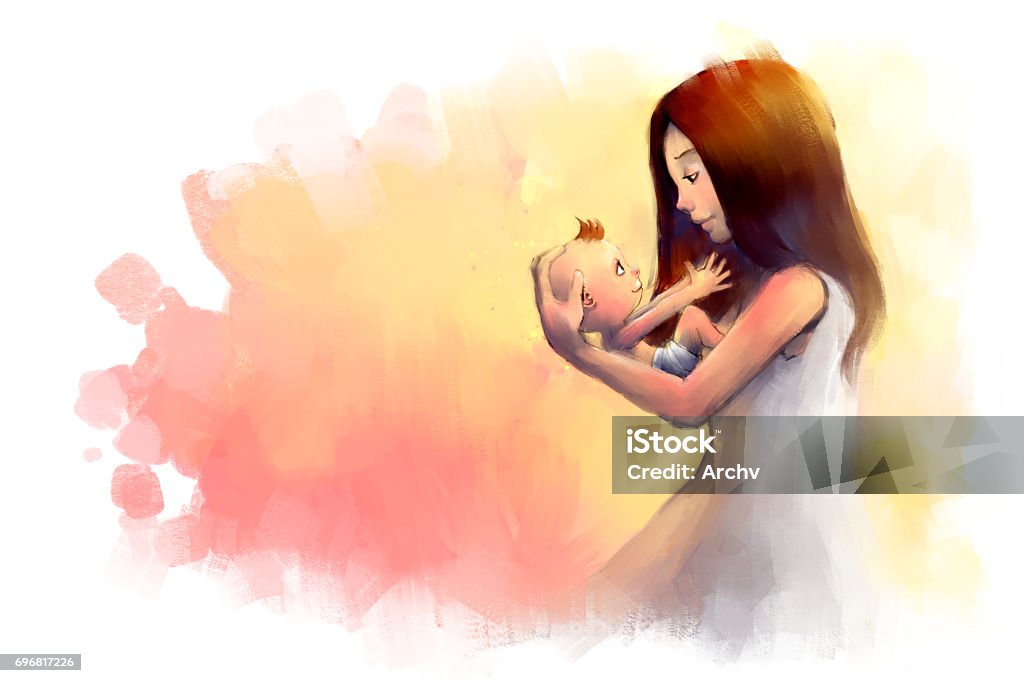 Digital Painting Of Young Mother Holding Little Baby Stock Illustration -  Download Image Now - iStock