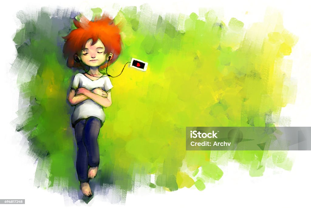 relaxed girl lying on the grass and listening to music digital painting of relaxed girl lying on the green grass and listening to music, story telling illustration Teenage Girls stock illustration