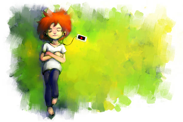 relaxed girl lying on the grass and listening to music digital painting of relaxed girl lying on the green grass and listening to music, story telling illustration lifestyle backgrounds audio stock illustrations