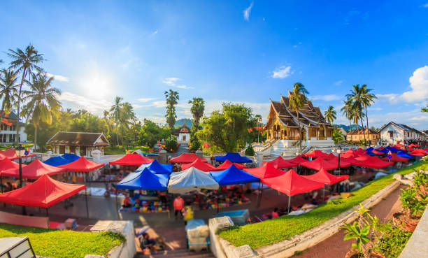 Landmark of Night market in Luang Prabang city of Laos and The Royal Palace Museum stock photo