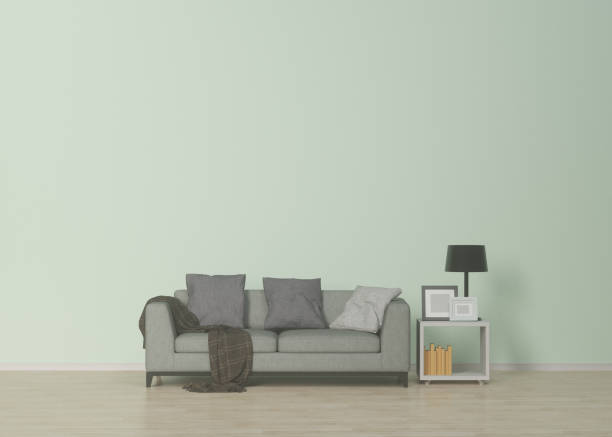 istock Neutral interior with gray sofa and shelves in empty room,Living-room,model sofa,3D rendering 696821136