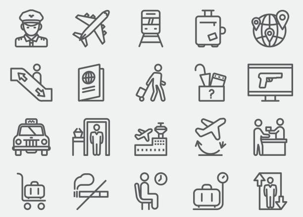 illustrazioni stock, clip art, cartoni animati e icone di tendenza di icone della linea aeroportuale | eps 10 - ufficio oggetti smarriti