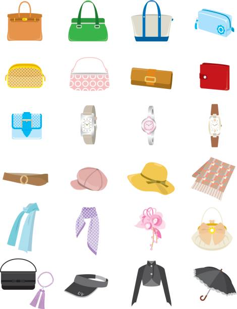 Women's fashion Various items wallet illustrations stock illustrations