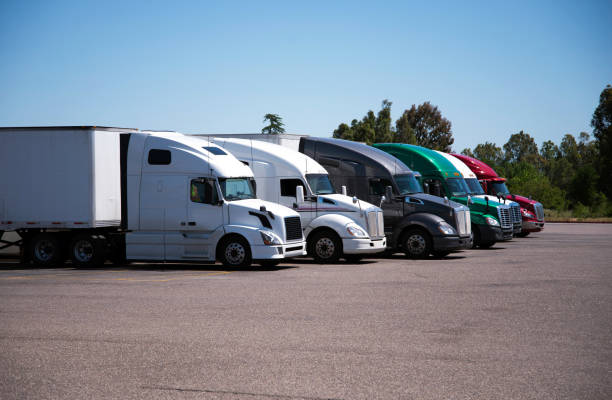 istock Semi-trucks and trailers in different make and models stand in row on truck stop 696824730