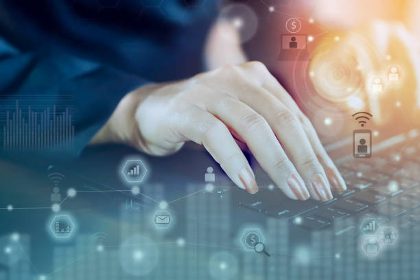istock Business and technology concept with woman hand and internet connection 696828256