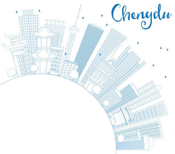 очертуйте горизонт чэнду с голубыми зданиями и пространством копирования. - chengdu urban scene city life house stock illustrations