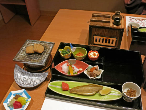 istock Japanese ryokan breakfast traditional dishes on the table 696834826