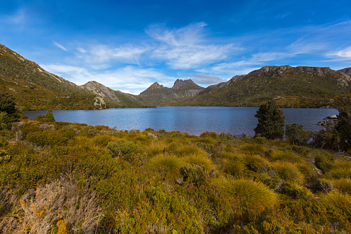 View of Dove Lake across buttongrass moorland with Cradle Mountain in background at Lake St Clair National Park. Autumn in Tasmania, Australia