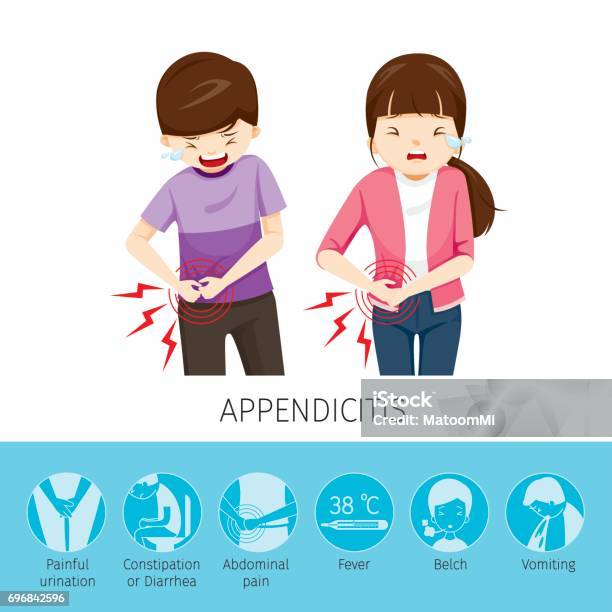 Boy And Girl Stomachache Because To Appendicitis Stock Illustration - Download Image Now - Abdomen, Adult, Appendicitis