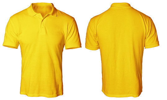 Blank polo shirt mock up template, front and back view, isolated on white, plain orange t-shirt mockup. Polo tee design presentation for print.