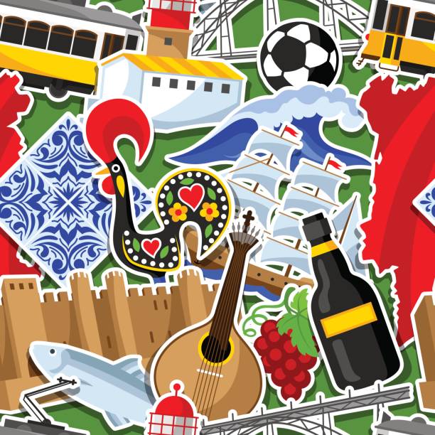 ilustrações de stock, clip art, desenhos animados e ícones de portugal seamless pattern with stickers. portuguese national traditional symbols and objects - lisbon square landscape
