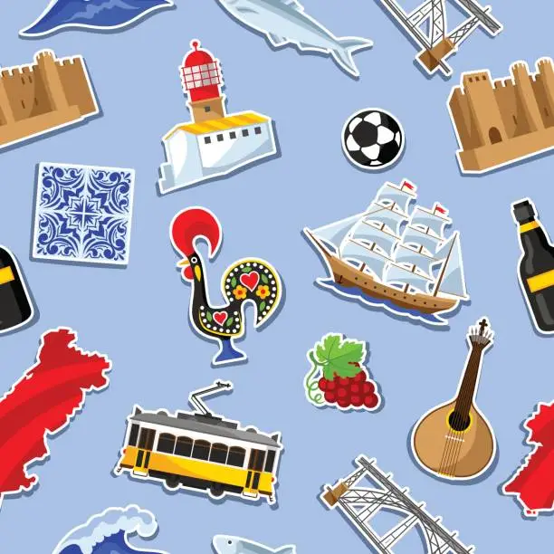 Vector illustration of Portugal seamless pattern with stickers. Portuguese national traditional symbols and objects