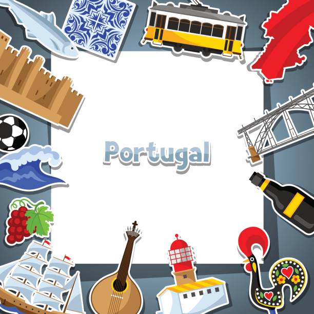 ilustrações de stock, clip art, desenhos animados e ícones de portugal card with stickers. portuguese national traditional symbols and objects - lisbon square landscape