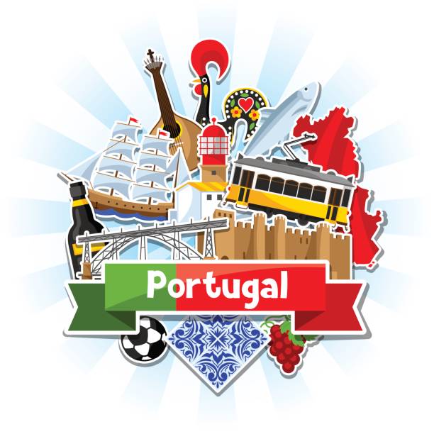 portugalia tło z naklejkami. portugalskie narodowe tradycyjne symbole i przedmioty - portugal stock illustrations