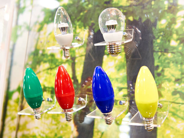 istock Multicolored LED lamps at exhibition stand in store 696853482