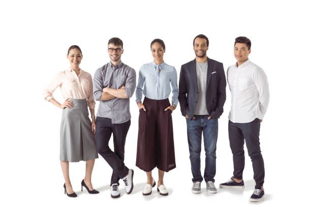 High Angle Portrait Of Business People Standing Against White Background