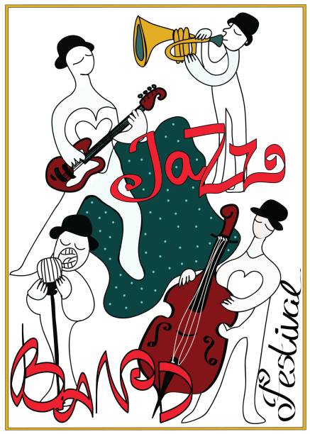 plakat na festiwal muzyki jazzowej lub koncert. zespół jazzowy. - recording studio trumpet musical instrument jazz stock illustrations