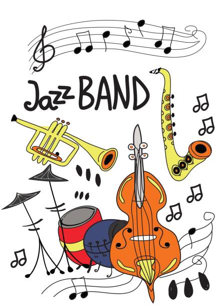 plakat na festiwal muzyki jazzowej lub koncert. jazzowe instrumenty muzyczne - recording studio trumpet musical instrument jazz stock illustrations