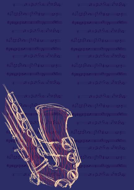 plakat na festiwal jazzowy, saksofon i nuty muzyczne. ilustracja wektorowa. - musical theater music musical note backgrounds stock illustrations