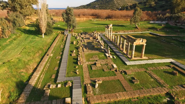 Aerial drone photo of archaeological site in Vravrona, Temple of Artemis,, Attica, Greece stock photo