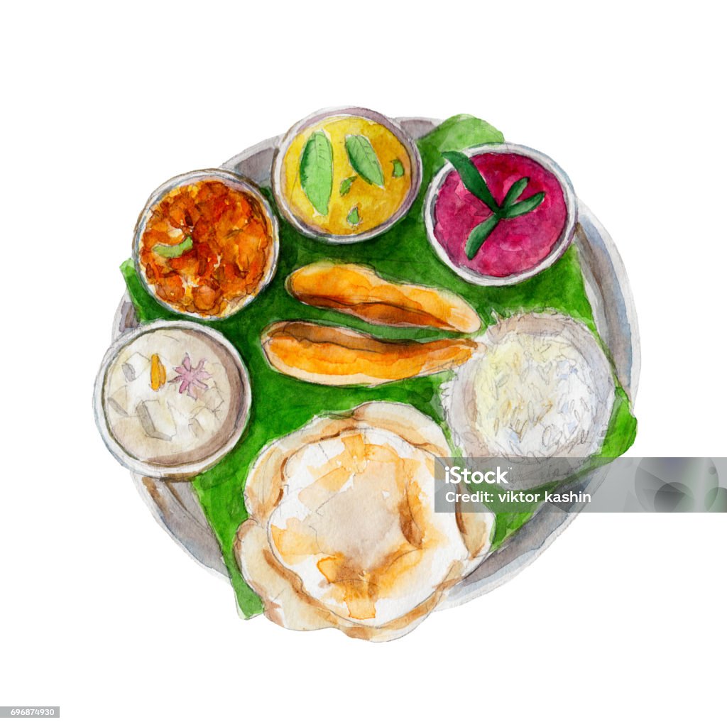 The National Indian Bengali Food On Leaf Of A Banana Tree Watercolor  Illustration Isolated On White Background Stock Illustration - Download  Image Now - iStock